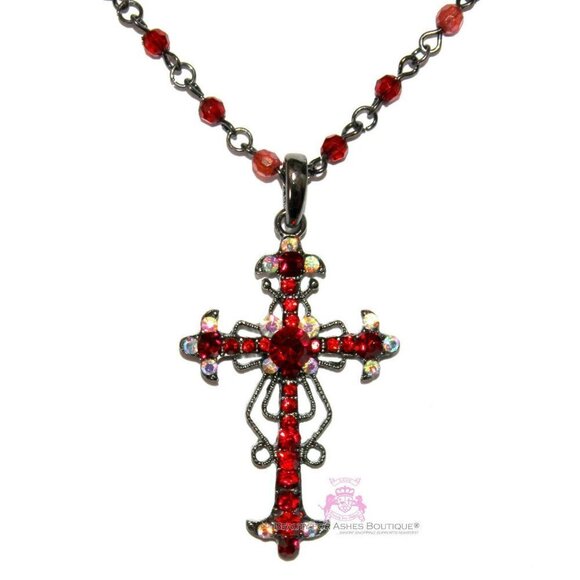 Ruby Red Aurora Boralis Ornate Vintage Scrolled Antique Hematite Cross Necklace - Picture 3 of 6